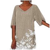AFFGEQA Damen Sommer V-Ausschnitt Baumwolle Leinen Ärmel Unregelmäßiges Top Lässige Langarmshirt T-Shirt Elegant Oberteile Freizeit Tuniken S