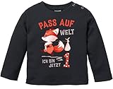 MoonWorks® Baby Langarm-Shirt 1. Geburtstag Pass auf Welt ich Bin jetzt 1 2 Fuchs Geburtstagsshirt Bio-Baumwolle schwarz 80/86 (10-15 Monate)