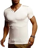 Leif Nelson Herren T-Shirt V-Ausschnitt Weißes Kurzarmshirt Sweatshirt Kurzarm Longsleeve Basic Sommer Shirt Slim Fit LN1355 XL Beig