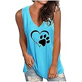 Masrin Damen Weste V-Ausschnitt Herz Hund Pfotenabdruck Shirts Sommer lose lässig ärmellose Tanktops Bluse (XL,Blau)