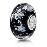 MATERIA Schmuck Muranoglas Bead schwarz weiß - 925 Silber Murano Beads Perle schwarz mit Schneeflocken + Folien Stücken #1655