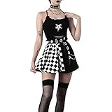 Damen Y2K Gothic A-Linie Midi Rock Damen Sommer Hohe Taille Plissee Rüschenkleid E-Mädchen 90S Solid Color Plaid Kurz Golf Rock Herbst Goth Streetwear, Schachbrett, 44