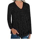 Damen Oberteils Bluse Spitze Blusenshirt Langarm Spitzen Tunika Mit Stickereidruck V-Ausschnitt Shirt Hemd Oberteil Langarmshirt Einfarbig Aushöhlen Elegant T-Shirt(Schwarz,M)