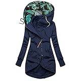 SSLLM Damen Übergangsjacke Blumenmuster Drucken Kapuze Wintermantel Parka Outdoorjacke mit Einstellbarer Kordelzug Dünne Winddichter Kapuzenjacke Reißverschlussjacke Outdoor Sport Jack