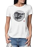 Art Kunst Berg Mountain Natur Segeln Segelboote, Tshirt Weiss mit Aufdruck, Retro Shirt Weiß mit Druck Print Vintage Kunstdruck Berge, Bio-Baumwolle, Handbedruckt (Voyage, Damen S)