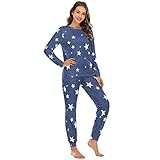 Alunsito Damen Lounge Sets Lässige Langarmshirts T Shirt und Hosen mit Sternendruck Nachtwäsche Damen 2 teiliges Pyjama Outfit Set Blau L