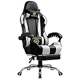 LUCKRACER Gaming Stuhl Massage mit Fußstütze Bürostuhl mit Massage Lendenwirbelstütze Drehstuhl mit Racing Stil Armlehne PU Leder Hohe Rückenlehne (weiß)