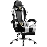 LUCKRACER Gaming Stuhl Massage mit Fußstütze Bürostuhl mit Massage Lendenwirbelstütze Drehstuhl mit Racing Stil Armlehne PU Leder Hohe Rückenlehne (weiß)