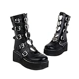 Zhuxuan Damenmode Metallschnalle Plateau Hohe Stiefel Nietenleiste Metallschnallenleiste Chunky Block Wedges Schuhe Motorrad-Kampfreitstiefel (40 EU)