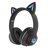 YANWA USB-Headset-lange Akkulaufzeit, kabelloses und kabelgebundenes Zwei-in-Eins-Bluetooth-5.0-Headset mit Mikrofon, leuchtende, niedliche Katzenohren, Musik, Sportsp