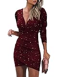 ORANDESIGNE Pailletten Kleider Damen Kurz Glitzerkleid Langarm V-Ausschnitt Glänzende Kleider Sexy Partykleid Bodycon Enges Party Minikleid Wickelkleid Sommer Festkleid B Rot XS