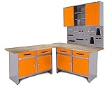 Ondis24 Werkstatt Set Ecklösung Iconic One, Werkbank, 180 cm Holzarbeitsplatte, Werkzeugschrank, Werkzeugwand Lochwand, Haken Set, Metall (Buchenholzplatte, Orange)