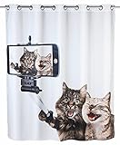 WENKO Anti-Schimmel Duschvorhang Selfie Cat Flex - Anti-Bakteriell, wasserabweisend, waschbar, schimmelresistent mit integrierter Hängeeinrichtung, Polyester, 180 x 200 cm, Mehrfarbig