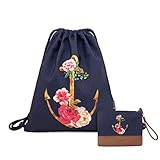 Leapop Turnbeutel Hipster Segeltuch Sporttaschen, Unisex Anker Blumen Gym Sack Beutel Sportbeutel Tüte Rucksack mit Innentasche und Schlüsselbund, Kostenloses Geschenk Eines Münzbörsen (Navy Blau)