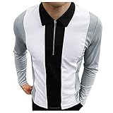 HJHGJ Herren T-Shirts Patchwork Grau Langarm Reißverschluss Umlegekragen Polos Slim Fit Eng Leicht Dünn Sommer Herbst Retro Nähte Spleiß Einfarbig Basic Einfache Regular Fit Casual Tops, grau, L