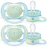 Philips Avent SCF376/11 ultra air Schnuller für die Nacht, 0-6 Monate, leuchten im Dunkeln, Doppelpack, blau/grü