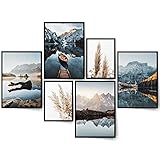 BLCKART Dreamy Mountains Poster | Beidseitges Schlafzimmer Poster Set | Bilder Set Natur Wohnzimmer Deko Pampasgras Beige ​| L | 4x A3 | 2x A4 | 6 Poster & Holzrahmen schw