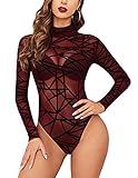 JKPCYTE Langärmliger Bodysuit Für Damen Mit Rollkragen, Transparenter Mesh-Bodysuit Mit Geo-Print-Trikots (Wein,XXL)