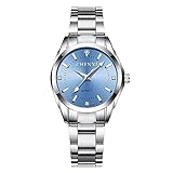 Uhr Damen,Elegant Stahl Armband Analog Silber Quarz-Uhr,Geschenke für Dich und Deine Familie (Hellblau)