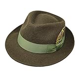 Borges & Scott Alpaka Doyle - Teardrop Fedora Hut - Alpaka Wollfilz - Abnehmbare Feder – Für die Reise aufrollbar - Wasserabweisend - Unisex - 60cm Moosgrü