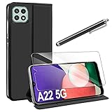 AROYI Kompatibel mit Samsung Galaxy A22 5G Hülle und Panzerglas, Touchscreen-Stift, Samsung Galaxy A22 5G PU Leder Tasche Case Flip Schutzhülle mit Ständer und Kartenfach für Samsung A22 5G Schw