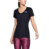 Under Armour Damen Tech Short Sleeve V - Solid, kurzärmliges Trainingsshirt, Schwarz (Black/Metallic Silver), L
