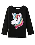 Bricnat Mädchen T-Shirt Wende Pailletten Einhorn Kurzarm Tunika Bluse Rundhals Top Casual Sommer (Langarm Schwarz, 110cm 4-5Y)