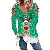 Komiseup Damen Herbst Weihnachten Rentier Druck V-Ausschnitt Sexy Langarm Trägerlosen Pullover Oberteile Elegant Sex Schulterfrei Bluse Reißverschluss Tunika T-Shirt Top