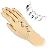 Bungsa® Handkette silber mit Blätter Charms für Damen (Armband Fingerring Fingerkette Handschmuck Slave- Kette Leaf)