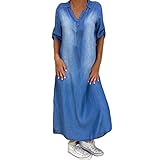 Jaysis Jeans Maxikleider Damen Lang Elegant Maxi Tie Dye Farbverlauf Patchwork Knöchellang Maxikleider Revers Lose Straight V Ausschnitt Freizeitkleid mit Saumschlitz Strandkleid Sommerk