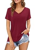 Florboom Oberteile Damen Kurzarm V Ausschnitt Tshirt Sommer Casual Bluse Longshirt Weinrot XXL