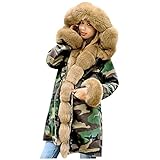 Kunstpelzmantel Damen Camouflage Parka Plüsch Jacke Warme Winterjacke Kunst Mäntel Windjacke mit Kapuze Mittellange Pelzoberbekleidung Übergangsmantel Übergangsjacke Fleecejacke Plü