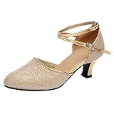 Damen Standard Latein Tanzschuhe Glitzer Tango Salsa Schuhe Knöchelriemen Mittelhohe Weicher Boden für Party Hochzeit, Klassische Pumps Elegante Brautschuhe Celucke (Gold, EU40)