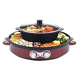 Electric Smokeless Grill and Hot Pot 2 in1 Split Design mit Grillplatte, Doppelte Temperaturregelung Multifunktion Doppelte Trennung Barbecue Grill Antihaftbeschichtung Haushalts-Hot-Pot 2200W（rot）