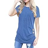 T-Shirt Damen Kurzarm Sommer Casual Einfarbig Tops Rundhals Knopfdesign Lose Shirts Oberteil Knopfleiste Tshirt Basic Solide Tunika Blusen Tees Sweatshirt Pullover H