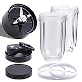 473 ml Becher mit Flip-Top To-Go Deckel & flachem Deckel und Premium Extractor Cross Blade mit extra Dichtung, Ersatzteile, Mixer-Zubehör, kompatibel mit Magic Bullet für MBR MB Serie (7 Stück)