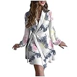 LOPILY Damen Tie Dye Bedrucktes Nachthemd Revers Langarm Kleid V-Ausschnitt Hohe Taillen Midikleid Stilvolles Freizeit Elegant Wickelkleid Lose Bequem Frauenkleid (Gray, XL)