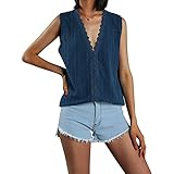 Qtinghua Damen-Tanktop mit V-Ausschnitt, Spitzenbesatz, ärmellos, lässig, lockere Bluse, marineblau, Larg