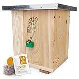 wildtier herz I Großes Hummelhaus Natur, geschraubtes Massivholz, Set - inkl. Lockstoff + Nistmaterial, Hummelhotel, Insektenhotel, Hummelkasten, H