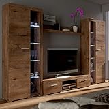 FURNIX Wohnwand Riva XL Mediawand Holz Wohnzimmer 4-TLG Komplett-Set mit LED - TV Lowboard, Highboard Vitrine, Wandregal - Modern Freistehend - B 300 x H 190 x T 40,2 cm, Farbe Lefkas E