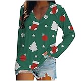 RKaixuni Damen Weihnachts Tshirt Weihnachtspullover Baum Print V-Ausschnitt Vintage Pullover Santa Blumen Weihnachten Shirt Sweatshirt Langarmshirt Oberteile Jumper Christmas Streetw