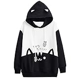 Snakell Damen Kawaii Pullover Pulli Katze Druck Sweatshirts Hoodie Teenager Mädchen Sport Langarm Kapuzenpullover Herbst Winter Mode Bequem Casual Sweatshirt Sport Outerwear (Schwarz, XXL)