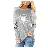 Overdose Damen Oberteile Loose Tops Lange Ärmel Hemd Tee Leopardenmuster Freizeit V-Ausschnitt Langarmshirt Bluse Einfarbig Mode Sonnenblume Herbst Lace Blusen Tunik