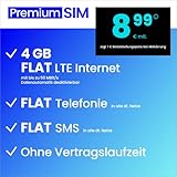 Handyvertrag PremiumSIM LTE All 4 GB - ohne Vertragslaufzeit (FLAT Internet 4 GB LTE mit max. 50 MBit/s mit deaktivierbarer Datenautomatik, FLAT Telefonie, FLAT SMS und EU-Ausland, 8,99 Euro/Monat)