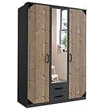 lifestyle4living Kleiderschrank mit Spiegel-Tür, Graphit-Grau/Silver-Fir-Dekor, 135 cm | Drehtürenschrank 3-türig mit 2 Schubladen im Industrial-S