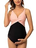 Ziola Damen Umstandsbadeanzug Einteiler Vorne Kreuz Badeanzug V-Ausschnitt Schwangerschaft Bademode Monokini, Rosa und Schwarz, X-Larg