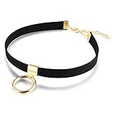 Jösva Damen Choker Schwarz Velvet Samt Halskette mit Gold-Ton Kreis Ring Anhänger Gothic Stretch Einstellbare Halsband 29.5cm Halsreife Allergenfrei Schmuck für Mädchen Passt Kleid T-Shirt im S