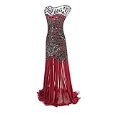 Tyfiner Elegante Vintage Lange Retro Mesh Chiffon Pailletten Party Abendkleider Ärmelloses Ballkleid Taillenkleid Retro Ballkleid Hochzeitskleid,Rot,L