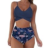 Sexy Bikini-Set für Damen, 2-teilig, modisch, Neckholder, Triangel-Push-Up, hohe Taille, String, BH, Tanga, Badeanzug, Strandbademode, A Blau, M