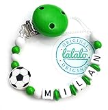 LALALO Schnullerkette Fußball mit Namen, Junge, Baby Fussball Motiv aus Holz, Handmade Individuelle Jungs Namenskette zur Geburt, Geburtstag, Weihnachten, Taufe (Grün/Weiß)